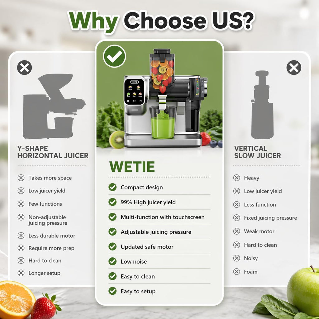 WETIE Cold Press Juicer, Powerful Juicer Machines with Adjustable Juicing Pressure, 99% High Juice Yield, Quiet Slow Masticating Juicer with Touch Screen, 3.54'' Feed Chute, Easy to Clean with Brush