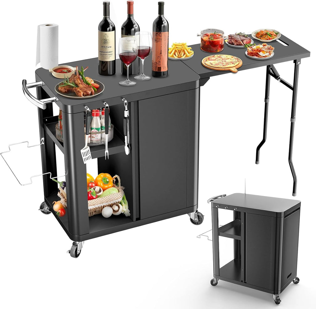 Outdoor Grill Table Cart 57'x24'x35', Outdoor Kitchen Island with Storage & Large Tabletop for Blackstone Griddle, Ooni Pizza Oven, Ninja Woodfire Grill, BBQ Station, Dining Cart, Rolling BBQ Table