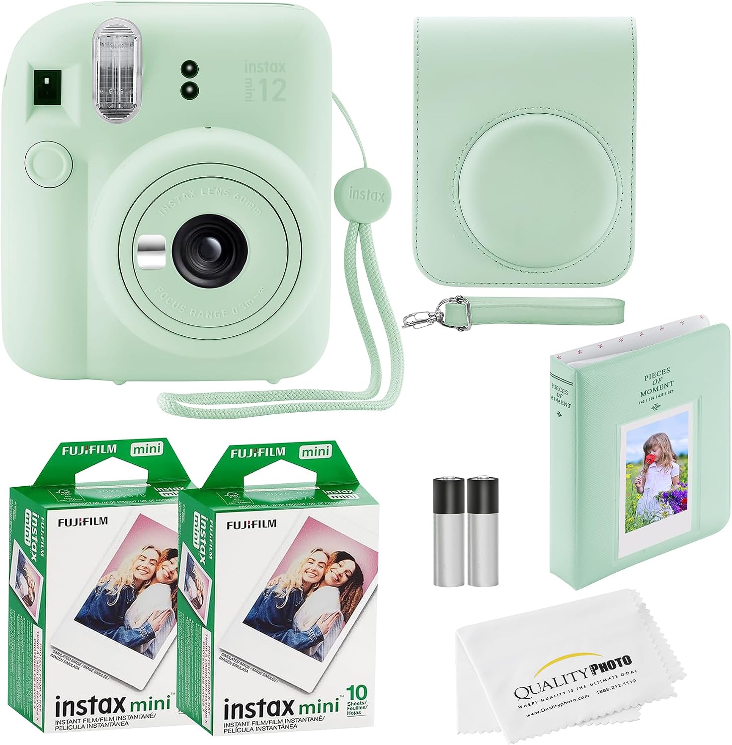 Fujifilm Instax Mini 12 Instant Camera with Case, 20 Fujifilm Prints, Decoration Stickers, Frames, Photo Album and More Accessories (Mint Green)