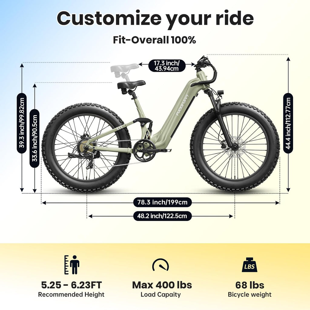 PUCKIPUPPY Electric Bike for Adults 960W, 48V 20AH Battery Adult Electric Bicycles, 26' Fat Tire Full Suspension Step-Thru Ebike, 28MPH Mountain Ebike, 7 Speed, 80Miles Range-Boxer ST