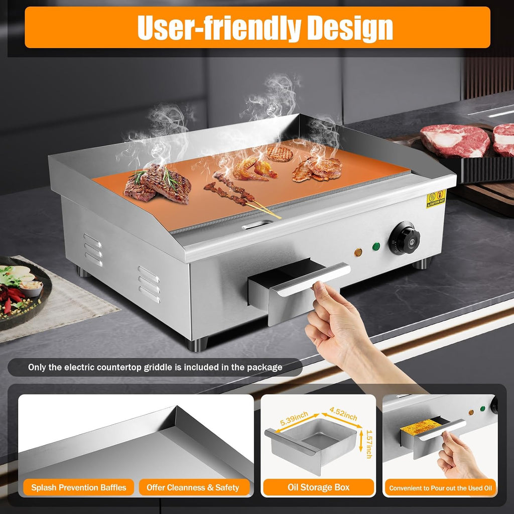 24'Commercial Electric Griddle Electric Countertop Griddle 3000W Restaurant Grill BBQ Flat Top 430 Stainless Steel Long Griddle Electric Nonstick Adjustable Thermostatic Control for Kitchen 110V
