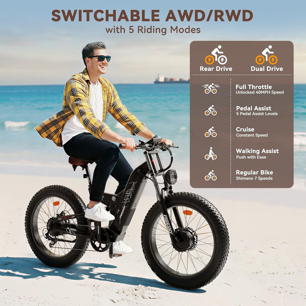 FREESKY 4000W Dual Motor Electric Bike for Adults, 48V 30AH Samsung Cells Battery 120Miles Range, 40MPH AWD Fast E-Bike, 26' Fat Tire Full Suspension Electric Mountain Bike, UL2849 Certified by TÜV