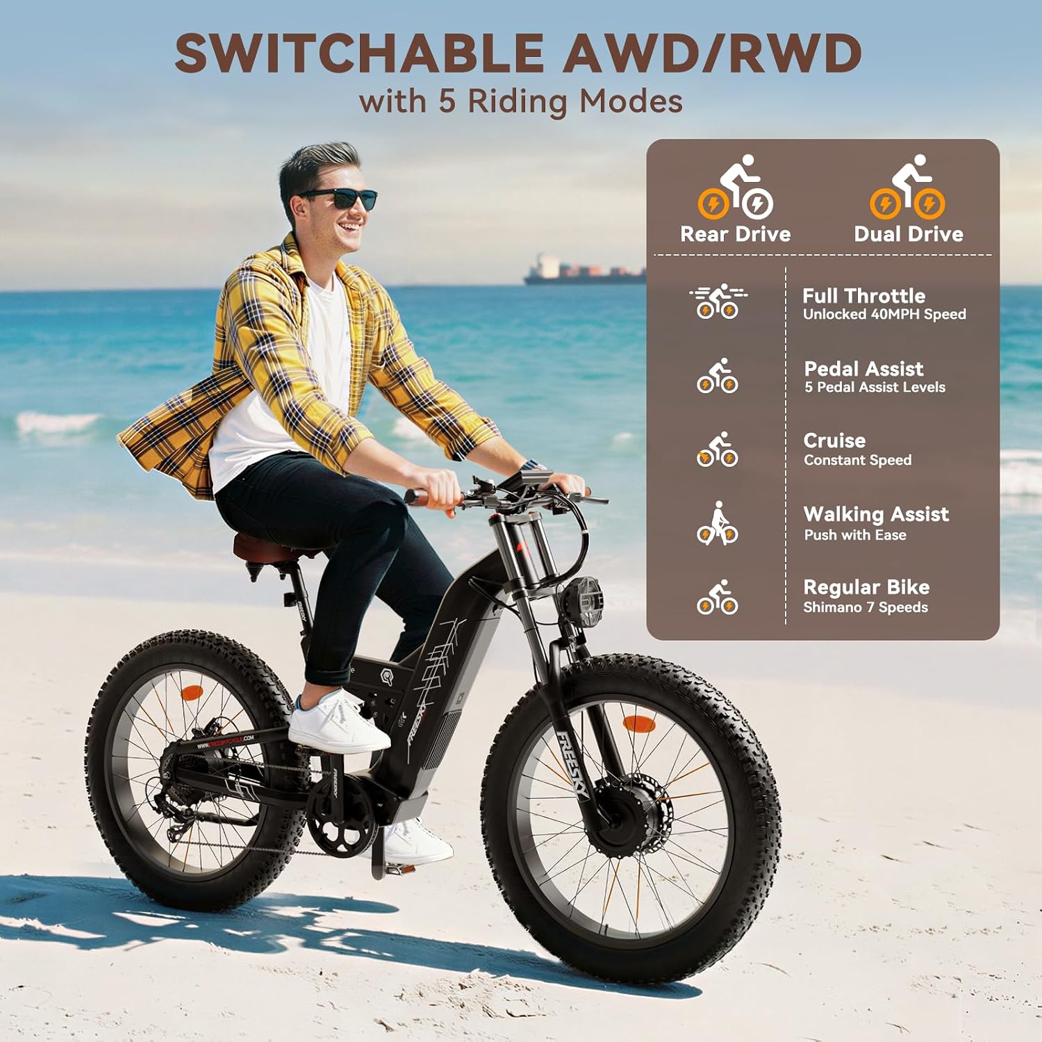 FREESKY 4000W Dual Motor Electric Bike for Adults, 48V 30AH Samsung Cells Battery 120Miles Range, 40MPH AWD Fast E-Bike, 26' Fat Tire Full Suspension Electric Mountain Bike, UL2849 Certified by TÜV