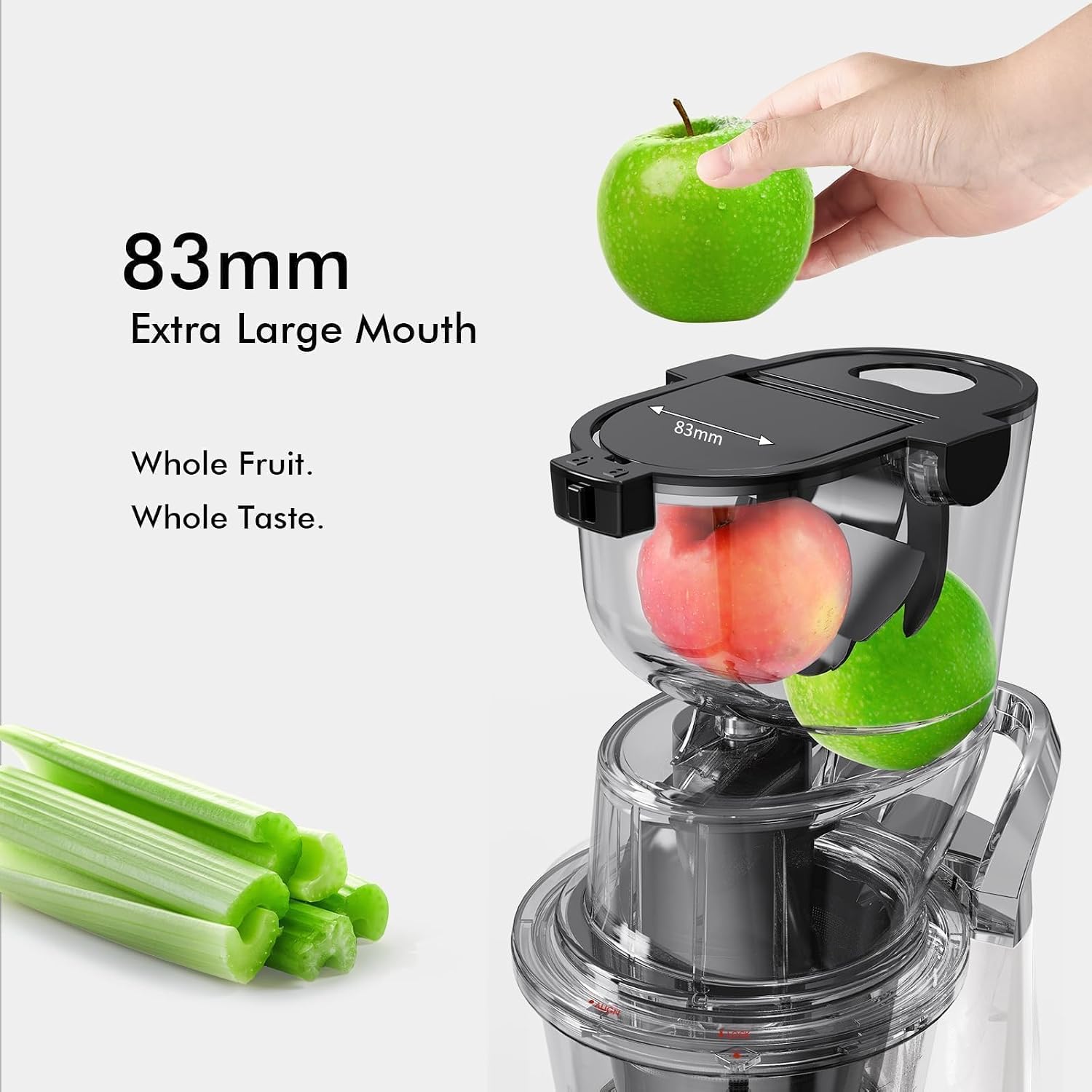 Easy-Use Cold Press Juicer, SiFENE 83mm Wide-Mouth Vertical Slow Masticating Juicer, Whole Fruit & Veg Juice Extractor, Easy Clen, BPA Free, Quiet Motor with Reverse Function, White