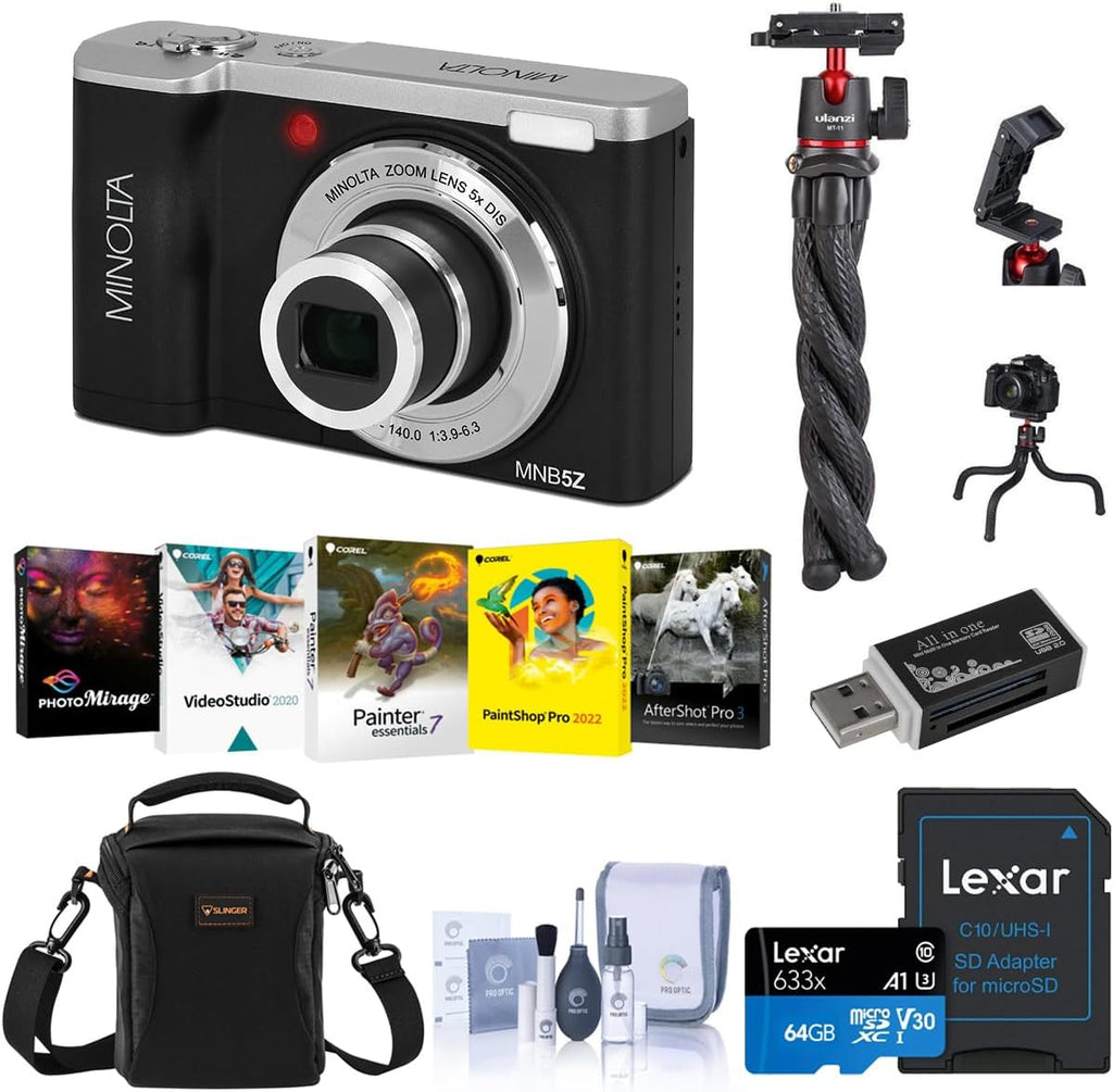 Minolta MNB5Z 56MP 5K Ultra HD 2.8' LCD Screen Digital Camera, Black, Bundle with Shoulder Bag, 64GB Memory Card, Tripod, Cleaning Kit, PC Software Kit