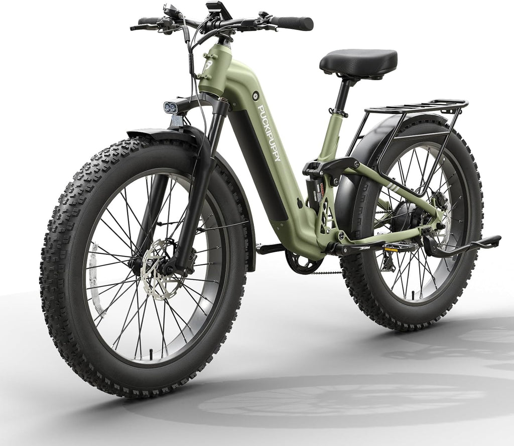 PUCKIPUPPY Electric Bike for Adults 960W, 48V 20AH Battery Adult Electric Bicycles, 26' Fat Tire Full Suspension Step-Thru Ebike, 28MPH Mountain Ebike, 7 Speed, 80Miles Range