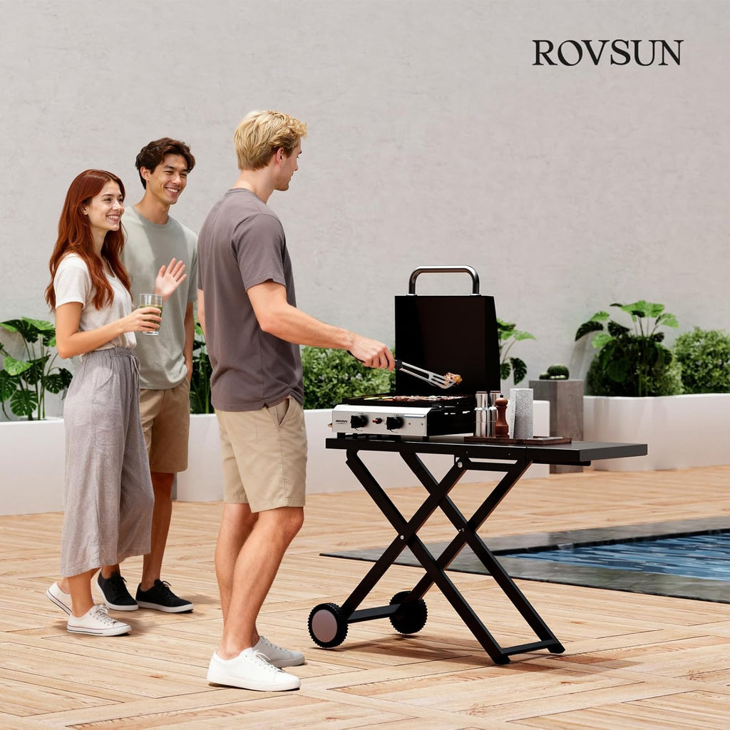 ROVSUN 20000 BTU Foldable Flat Top Gas Grill with Cart, Enameled Tray & Lid, 2 Burner Portable Rolling Propane Griddle with Electronic Ignition & Regulator for Outdoor Cooking Camping BBQ Tailgating