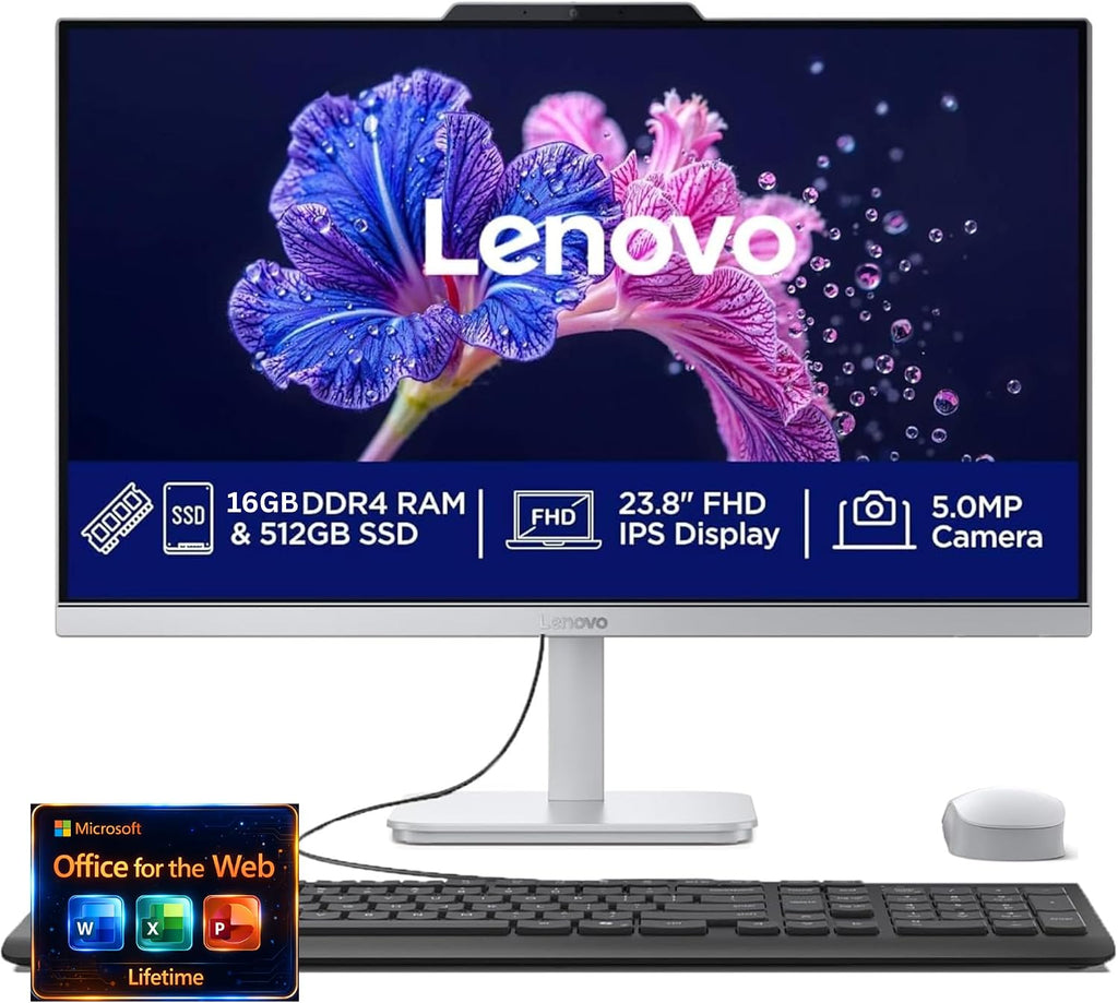 Lenovo 24' FHD All-in-One Desktop Computer - 16GB RAM - 512GB SSD - Intel 13th 8 Cores i3 CPU (Beat 11th i5) - Keyboard and Mouse - Windows 11 - Office 365 for The Web