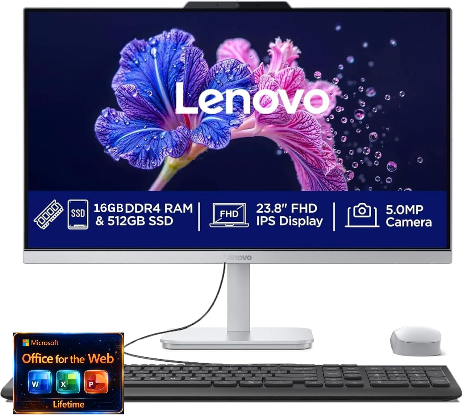 Lenovo 24' FHD All-in-One Desktop Computer - 16GB RAM - 512GB SSD - Intel 13th 8 Cores i3 CPU (Beat 11th i5) - Keyboard and Mouse - Windows 11 - Office 365 for The Web
