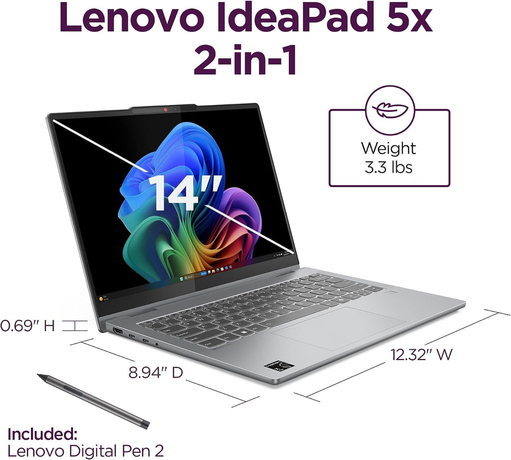 Lenovo IdeaPad 5X 2-in-1 Copilot+ Extra-Long Battery Life 14' WUXGA FHD+ OLED Touch Display 16GB Memory 512GB Storage Snapdragon X Plus 8-core Processor Windows 11 Home, Pen Included, Luna Gray