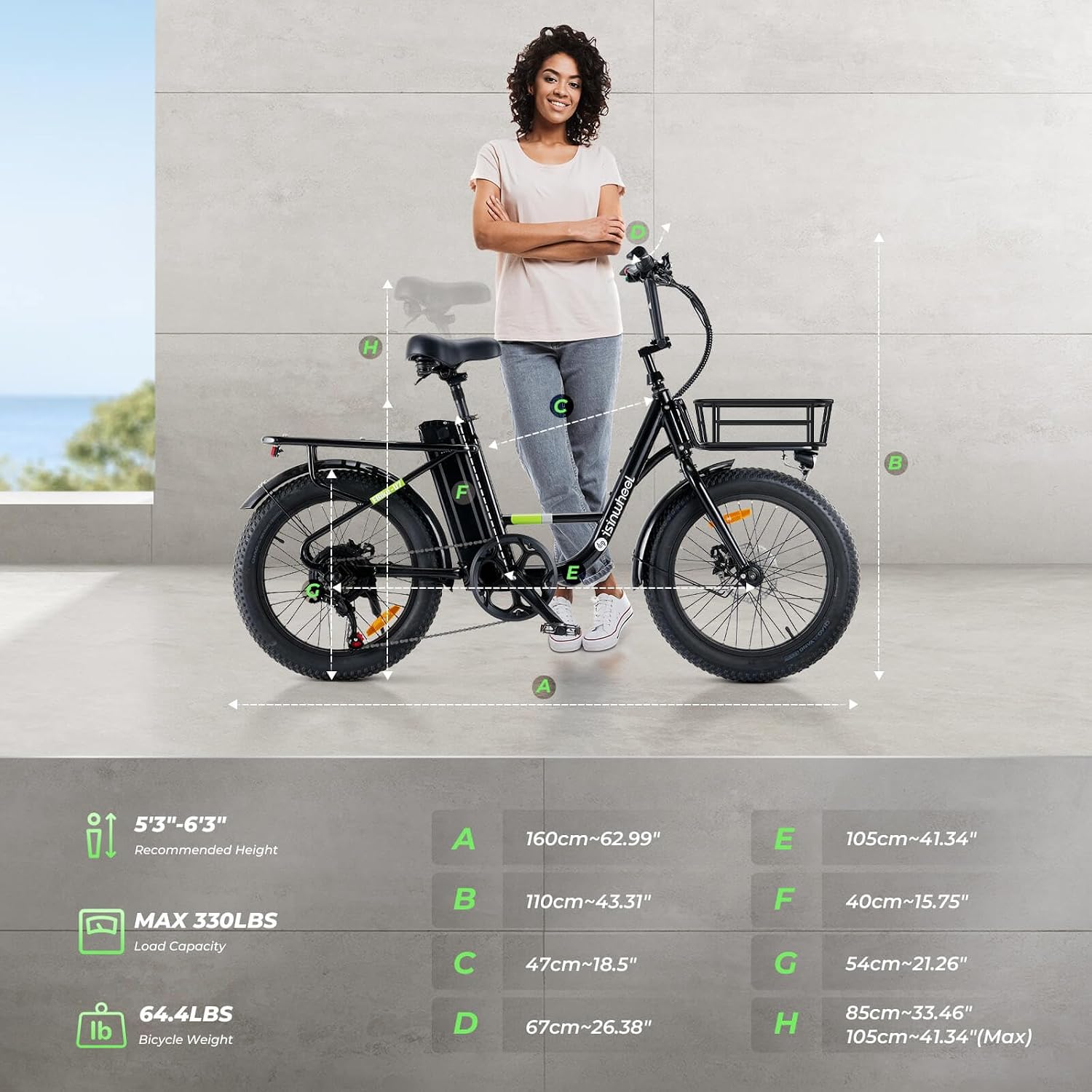 isinwheel U7 E Bike for Adults Electric Bike with Dual Cargo Rack, 48V 1000W Peak Ebikes for Adults, 7 Speed Gear, 20mph Step Thru Cruiser Electric Bicycles, 20' × 3' Fat Tire Ebike