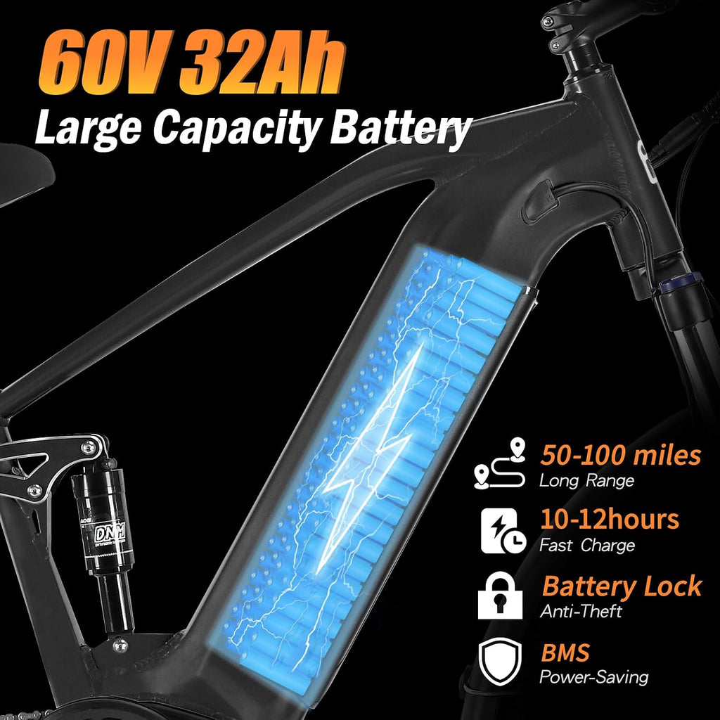 5000w Dual Motor Electric Bicycles, 60V Battery E-Bike with 45 MiIe P-Hour Electric Bike for Adults, 26 Fat Tire Hunting Ebike for All Terrain, Full Suspension Electric Ebike