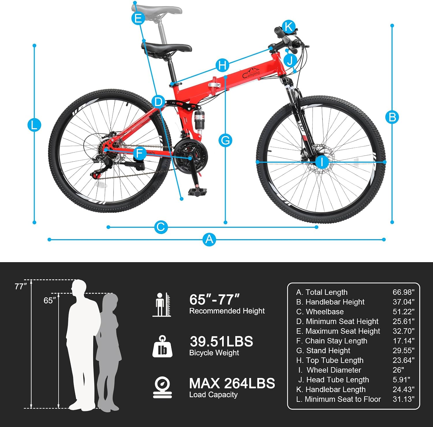 CamPingSurvivals Folding Mountain Bike, 26/27.5' Women's & Men's Bicycle, 21 Speed Foldable Bike for Adults with Dual Suspension, Dual Disc Brake, Adjustable Saddle & Precision Twist Shifting