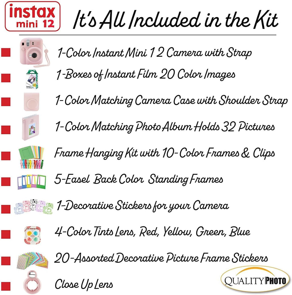 Fujifilm Instax Mini 12 Instant Camera with Case, 20 Fujifilm Prints, Decoration Stickers, Frames, Photo Album and More Accessories (Blossom Pink)