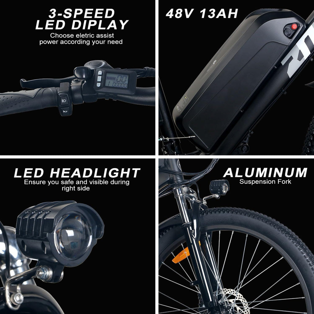 ZNH Electric Bike for Adults, 750W Peak Electric Mountain Bike with 48V 13Ah Removable Battery, 20MPH Brushless Motor Up to 50 Miles, Suspension Fork, 26'' Fat Tire Commuter Ebike, Black