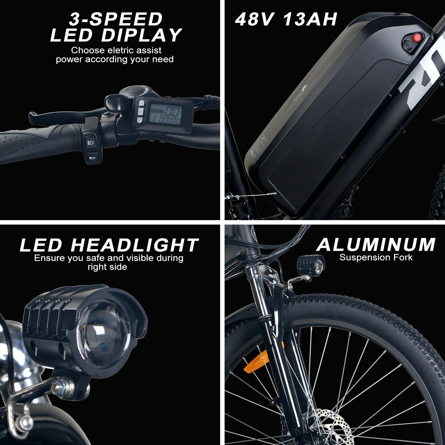 ZNH Electric Bike for Adults, 750W Peak Electric Mountain Bike with 48V 13Ah Removable Battery, 20MPH Brushless Motor Up to 50 Miles, Suspension Fork, 26'' Fat Tire Commuter Ebike, Black