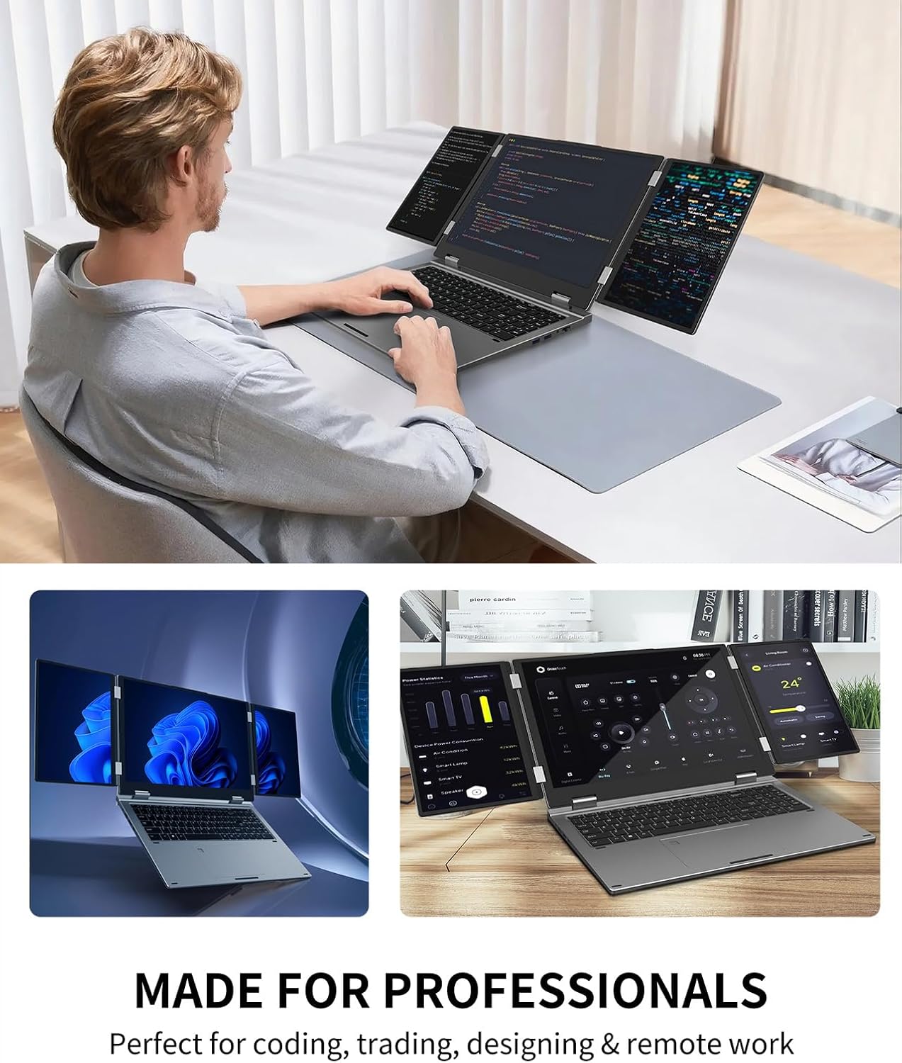 KOOFORWAY Triple Screen Laptop, 16' Main + Dual 10.5' Monitors, Core i7-12700H, 32GB RAM, 2TB SSD, Win 11 Pro, Wi-Fi 5, BT 5.0, Face & Fingerprint Unlock, USB-C, HDMI (16GB RAM + 1TB SSD)