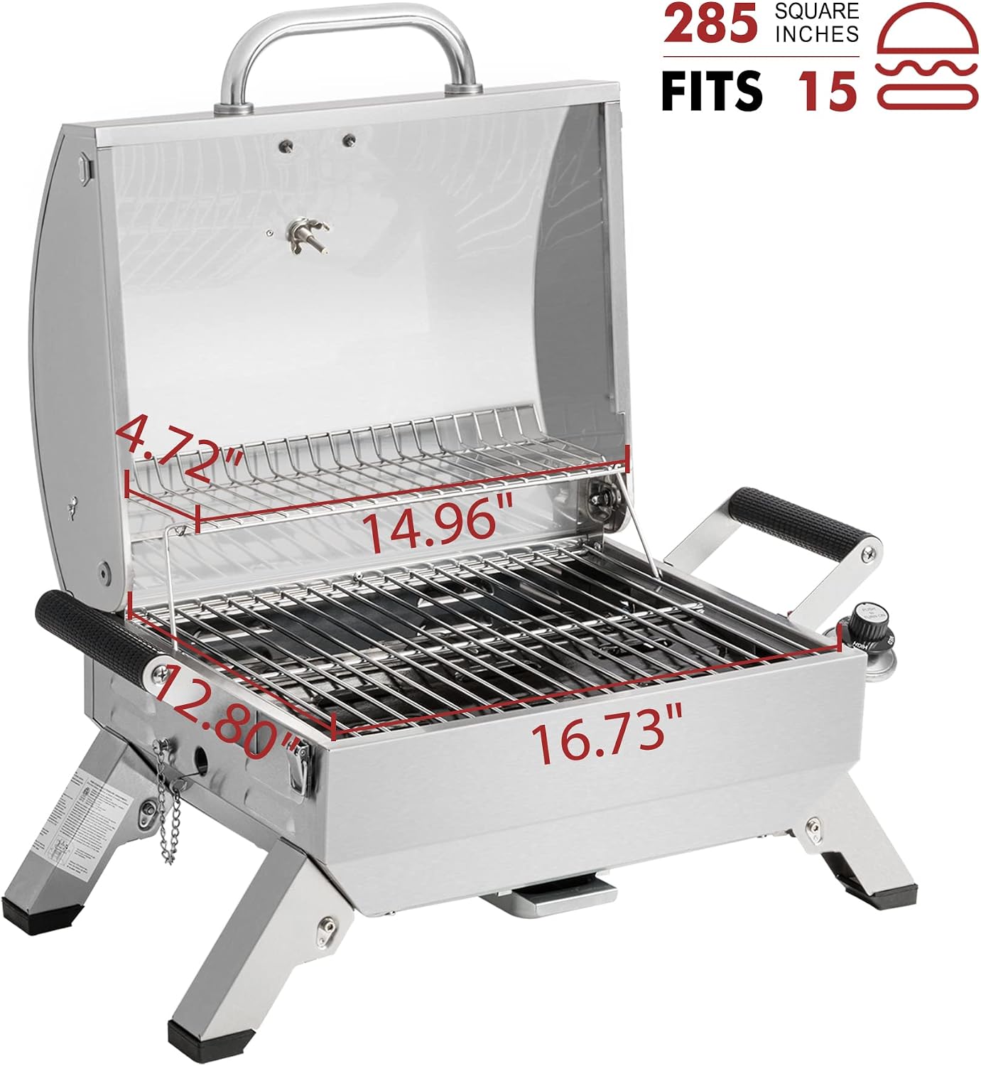 Stainless Steel Portable Grill with Two Handles and Travel Locks, Tabletop Propane Gas Grill with Folding Legs, 10000 BTU, for Picnic Cookout, GT2001, Silver