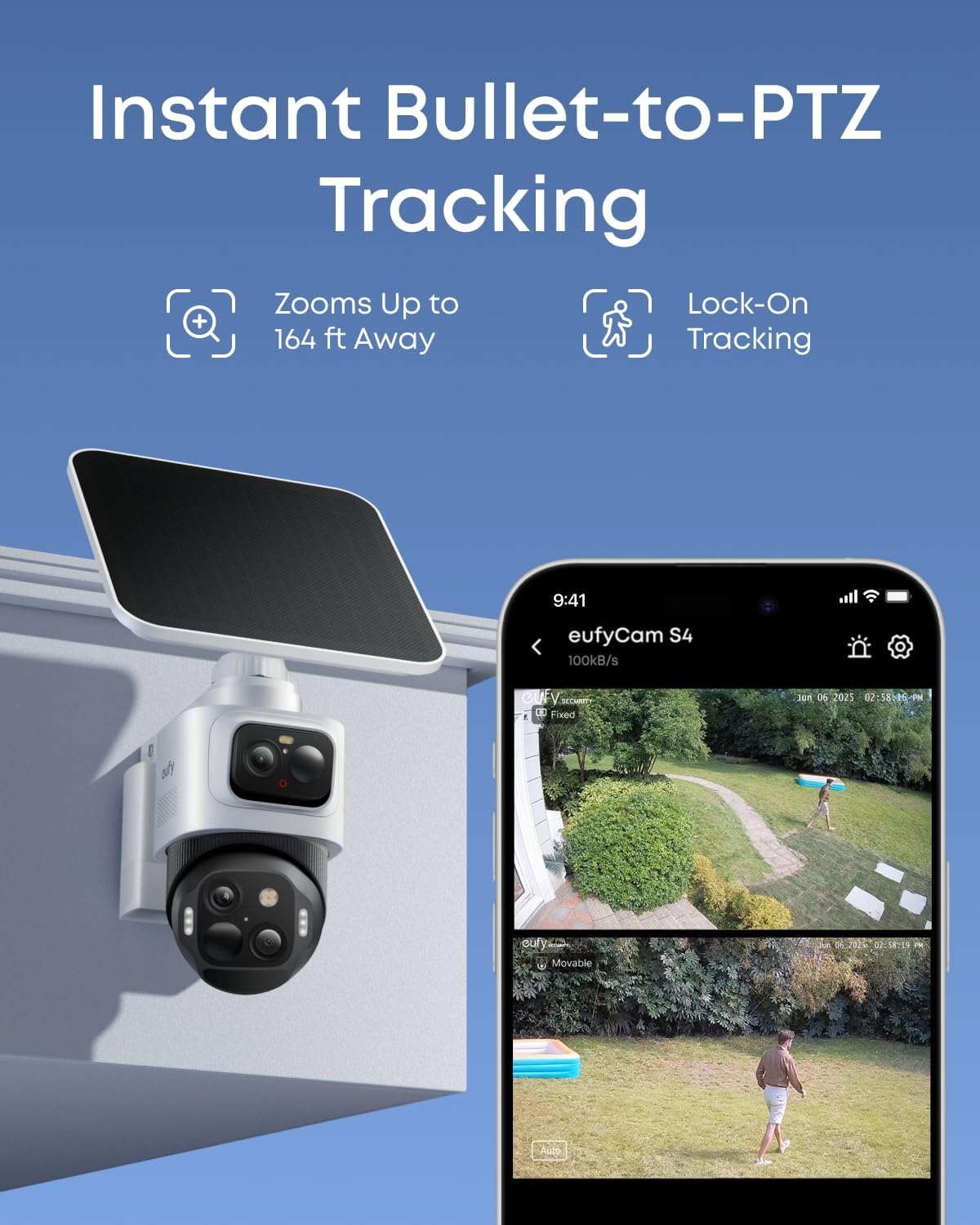 eufy Security eufyCam S4 2-Cam Kit,4K Solar Camera Wireless Outdoor, 3-Lens Bullet-PTZ Cam, 360°View Cross-Cam Track, Al Recognition, 8X 2oom, Color Night Vision, 0 Monthly Fee, Expandable up to 16TB