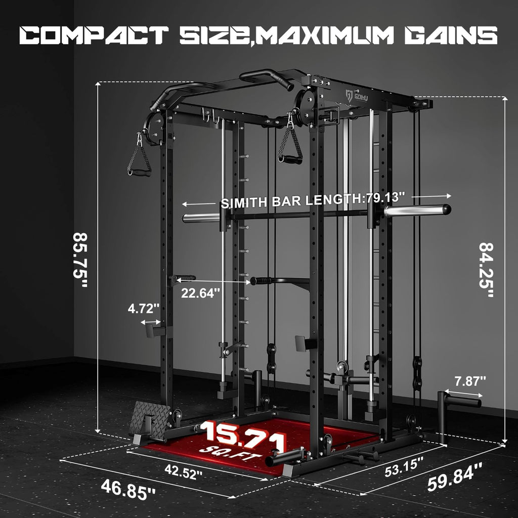 S1-V4 Smith Machine, 2000LBS Power Cage with Cable Crossover System, All-in-One Squat Rack with Smith Bar, Strength Training Equipment for Hone Gym
