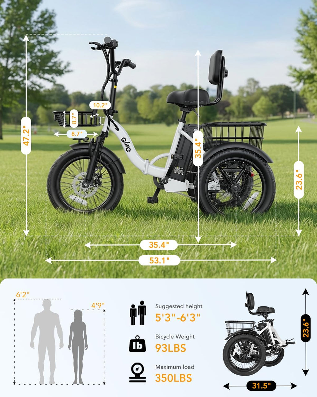 Qlife Triker Electric Bike, 1200W Brushless Motor Folding Trike Ebike, 48V10.4AH Removable Battery, 3 Wheel Electric Bicycle, 18 Tire Tricycle for Adults