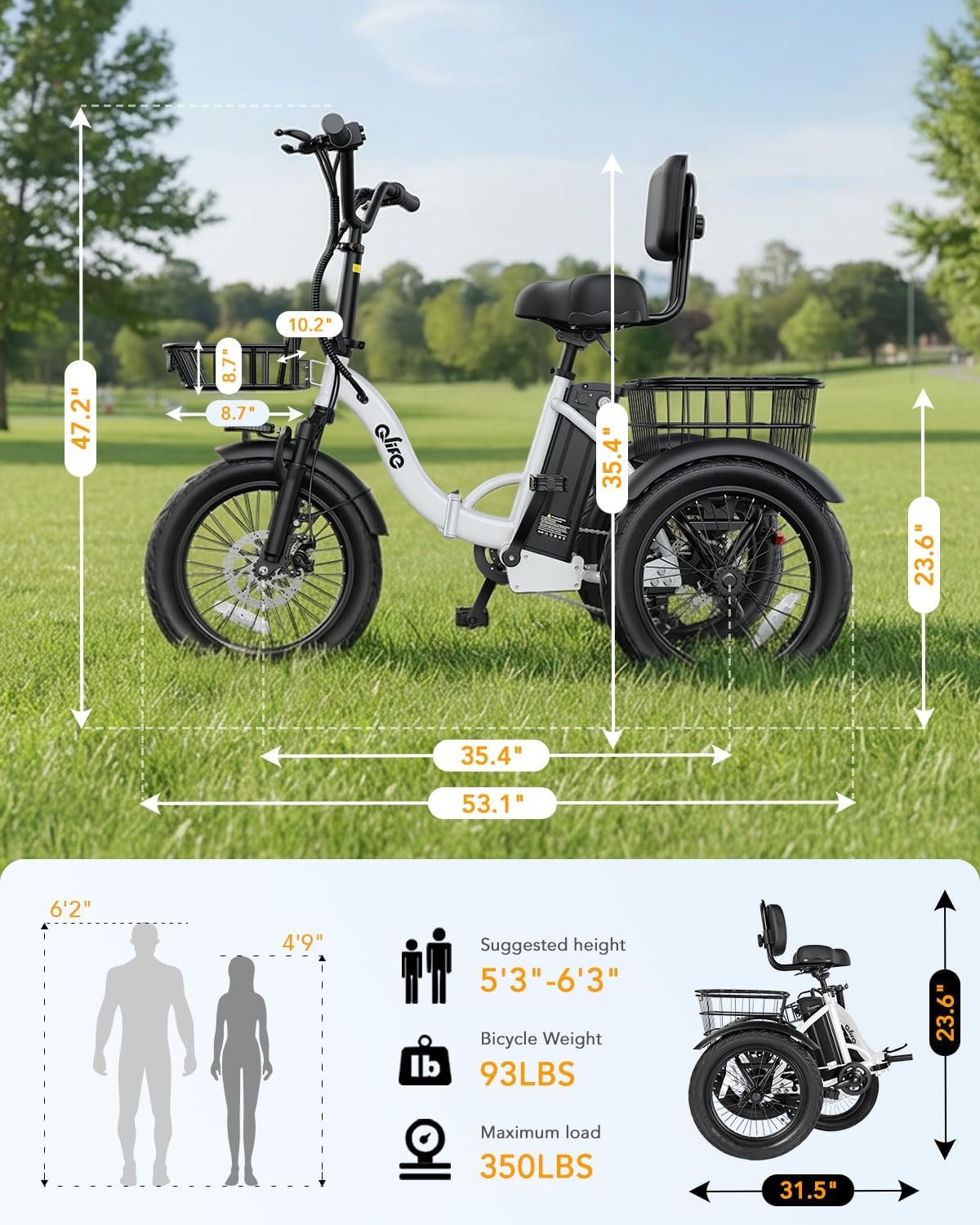 Qlife Triker Electric Bike, 1200W Brushless Motor Folding Trike Ebike, 48V10.4AH Removable Battery, 3 Wheel Electric Bicycle, 18 Tire Tricycle for Adults