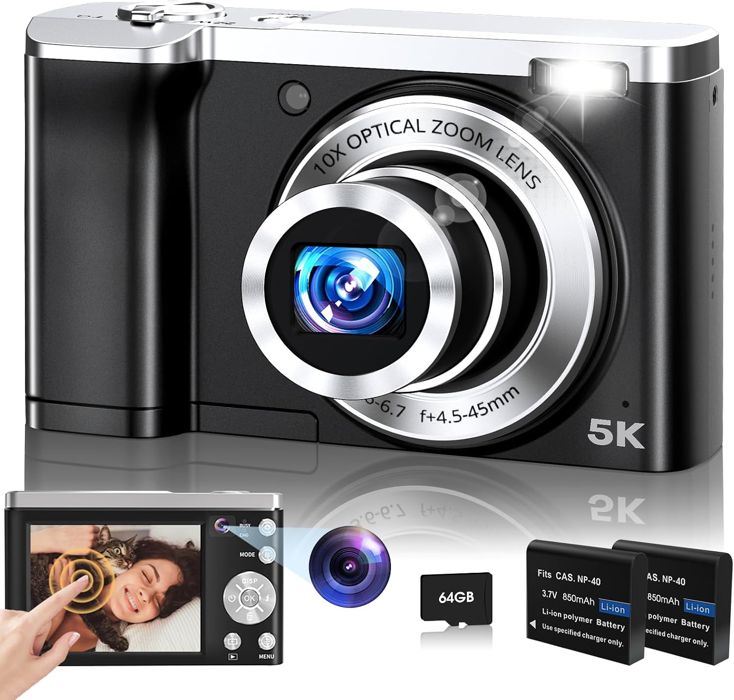 Digital Camera,5K 56MP Cameras for Photography Autofocus,Vlogging Compact Camera with Front and Rear Camera,10X Optical Zoom,6-Axis Anti-Shake,Touch Screen with 64GB SD Card,2 Batteries