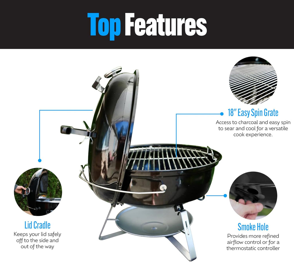 SnS Grills Slow 'N Sear Travel Kettle, 2-Zone Cook Charcoal Basket and Easy Spin 18' Grate - Portable Charcoal Grill for BBQ Cooking - Travel Kettle 18'