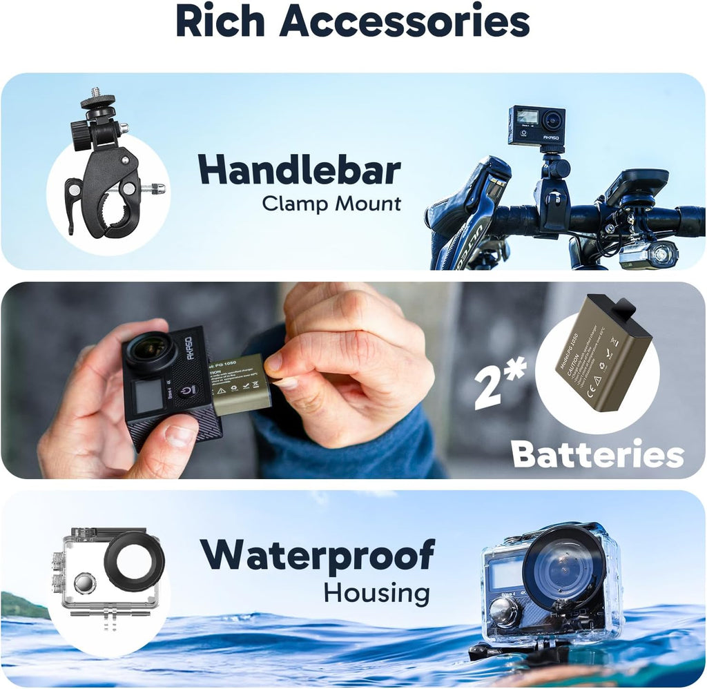 AKASO Brave 4 Action Camera with 128GB Micro SD U3 Card 4K30FPS 20MP Ultra HD 131FT Waterproof Underwater Camera EIS WiFi Remote Control 5X Zoom Sport Camera with Motorcycle Bicycle Accessories Kit