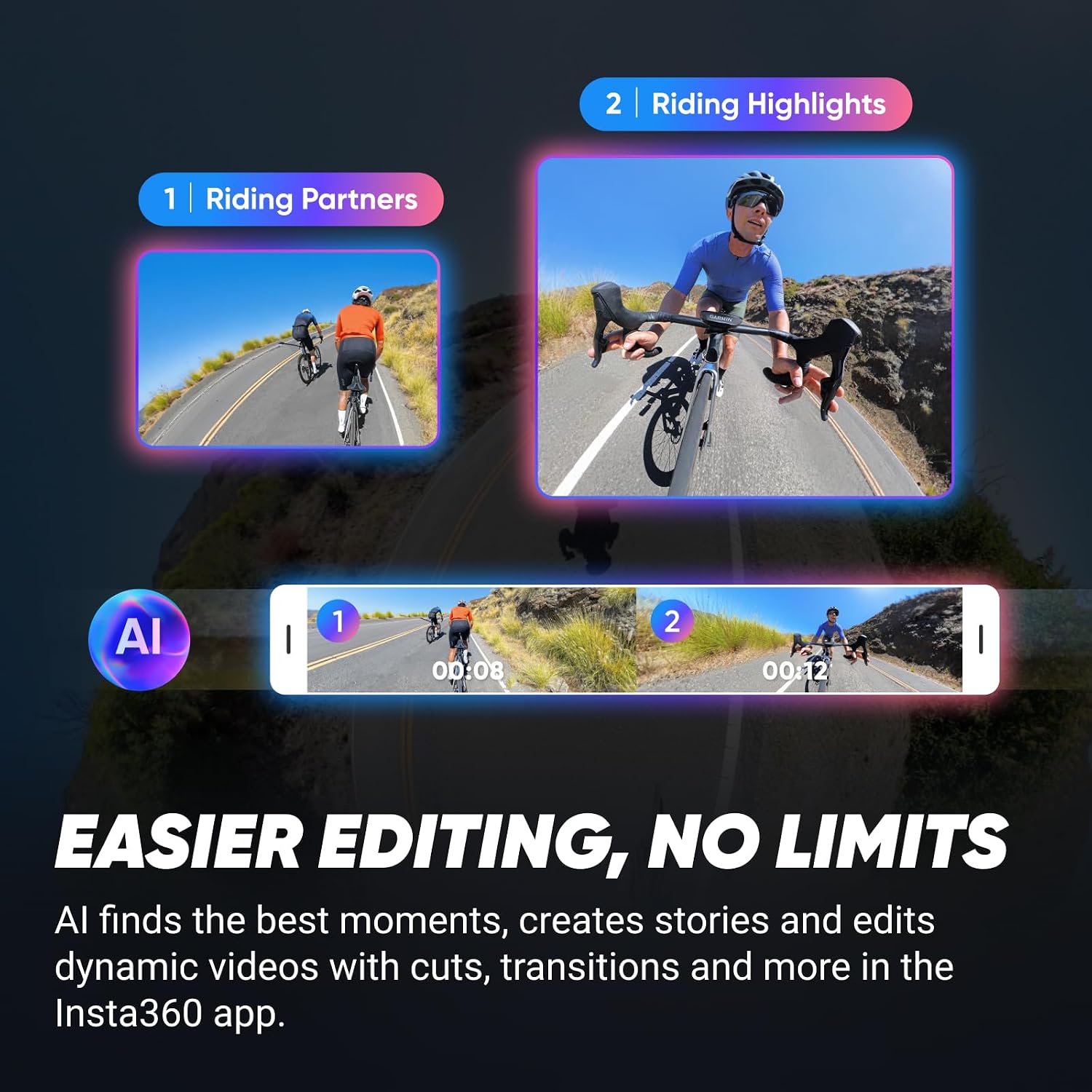 Insta360 X4 Road Cycling Bundle (Integrated) - Waterproof 8K 360 Action Camera, 4K Wide-Angle Video, Invisible Selfie Stick Effect, Removable Lens Guards, 135 Min Battery Life, AI Editing