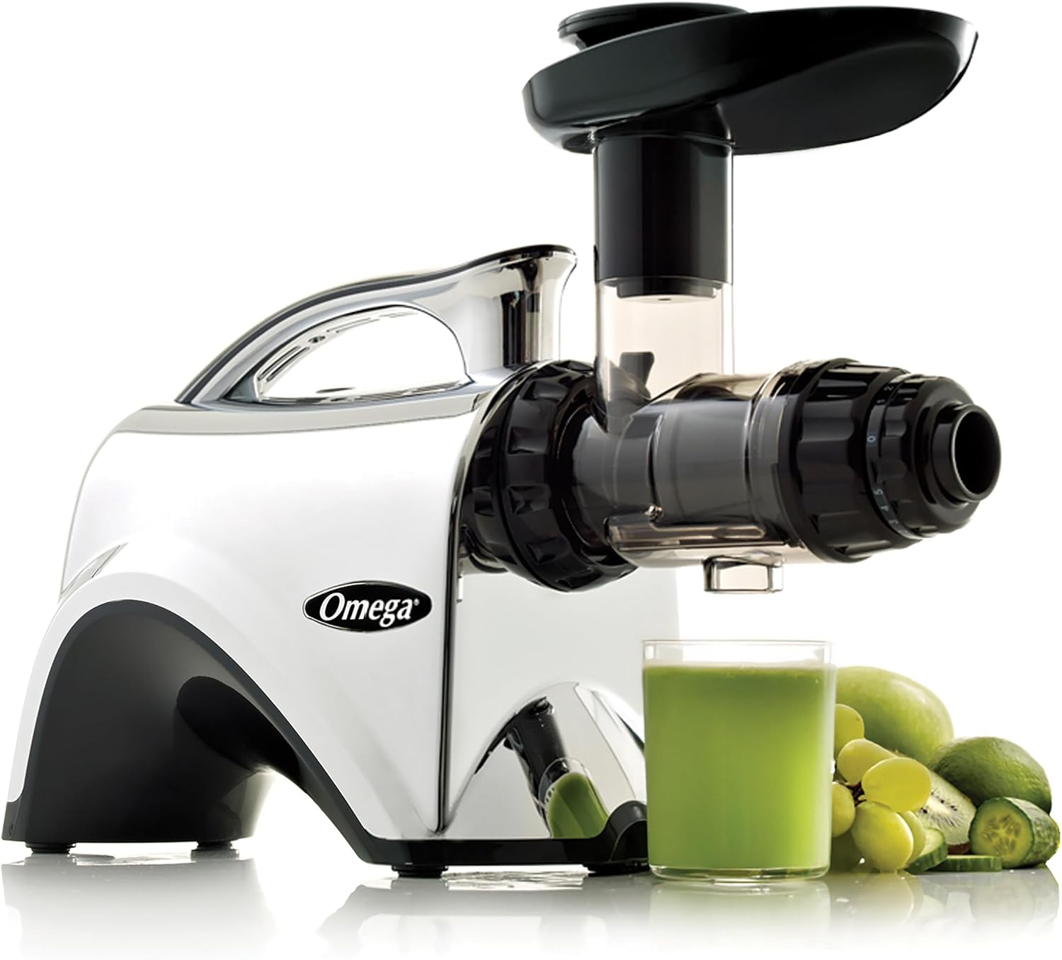Omega Juicer Premium Vegetable and Fruit Juice Extractor and Nutrition System Makes Nut Milks Baby Food and Sorbets, Adjustable Pressure Settings 80-RPM Slow Masticating Juicer, 150-Watts, Silver