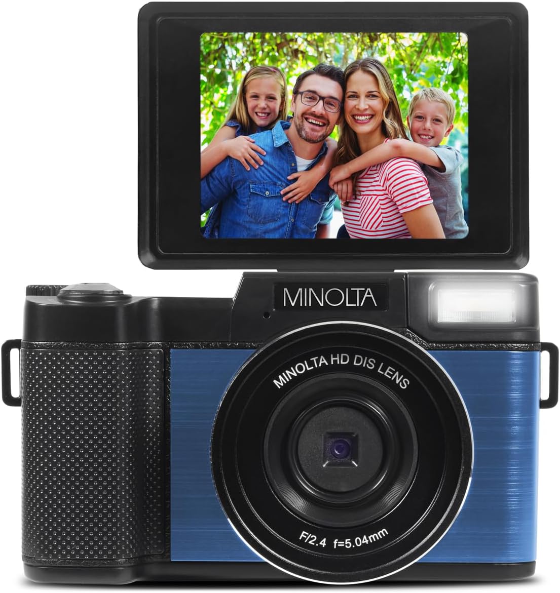 Minolta 30MP Digital Camera – 2.7K Ultra HD Video, 3-inch 180° LCD Screen, Face Detection, Anti-Shake, 9 Scene Modes, Photo Burst, Panorama, CMOS Sensor, 32GB Card (Blue)
