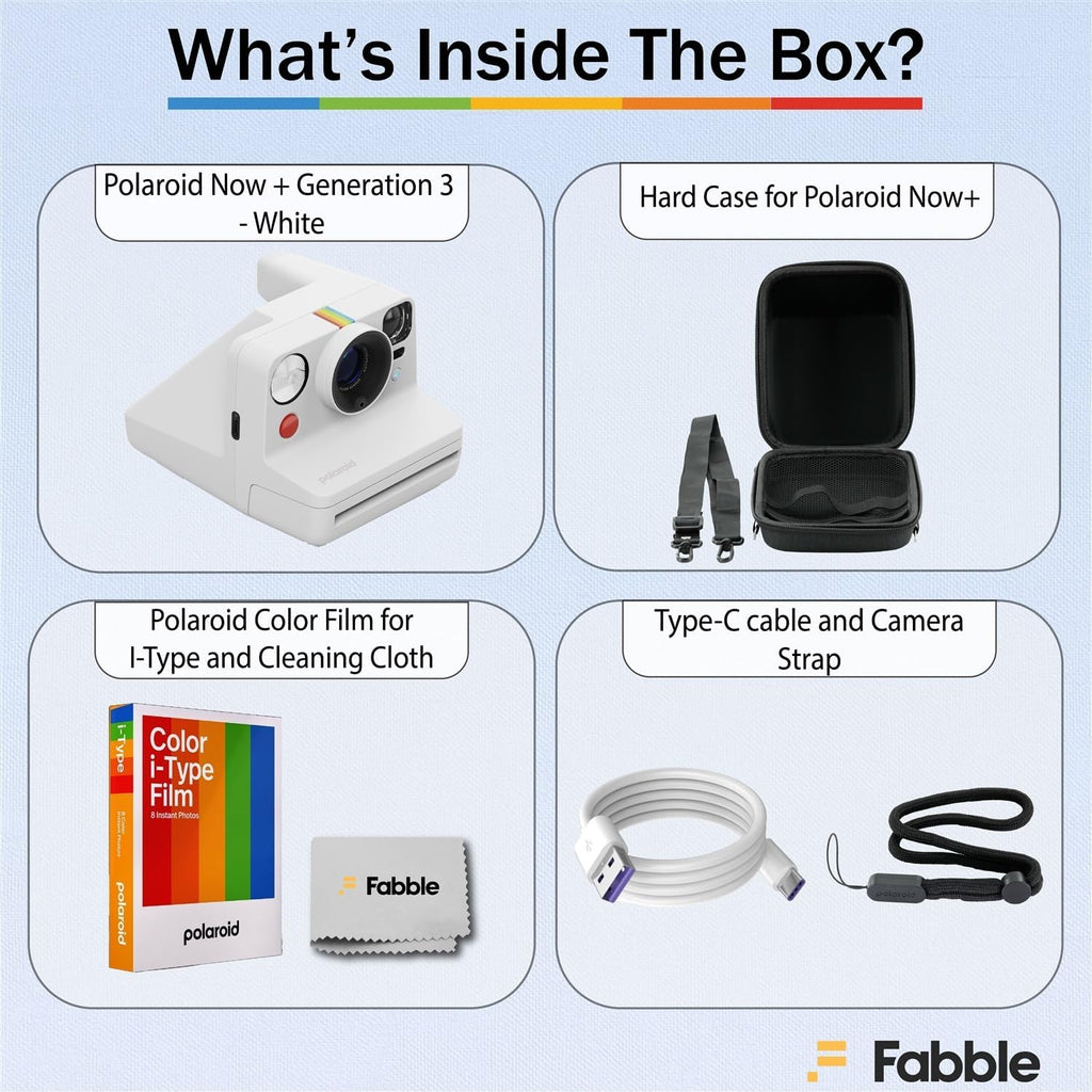 Polaroid Now+ Generation 3 I-Type Instant Film Camera (White) Bundle with Polaroid Color I-Type Film (8 Exposures), Hard Protective Case and USB-C 6 ft. Cable
