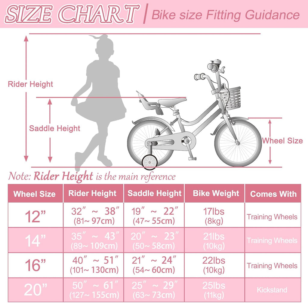 Glaf Toddler Girls Bike 12 14 16 20 Inch Girls Bike with Training Wheels Age 2-12 Years Old Bicycle Kids Bike with Basket and Doll Seat Adjustable Seat