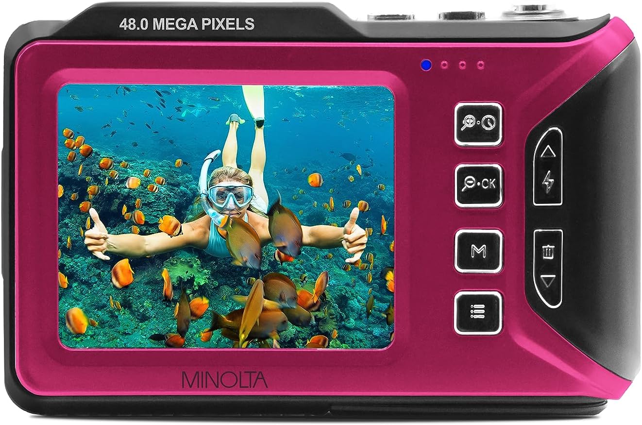 Minolta Waterproof Digital Camera - 48MP Photos, 4K UHD Video, Dual LCD Screens, 16ft Waterproof, 16X Zoom, Anti-Shake, Slow Motion, Compact Point-and-Shoot for Travel & Underwater (Magenta)