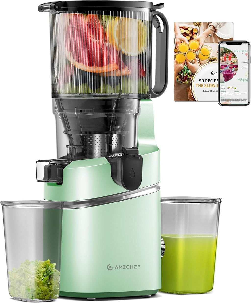 AMZCHEF Juicer Machines, 5.8' Extra Self-Feeding Cold Press Juicer for Whole Vegetable & Fruit, Juice Extractor Machine with Large Auger & Triple Strainers, Easy to Clean, High Juice Yield