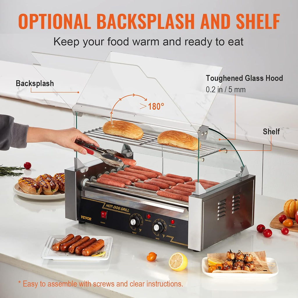 VEVOR Hot Dog Roller 7 Rollers 18 Hot Dogs Capacity 1050W Stainless Sausage Grill Cooker Machine with Dual Temp Control Glass Hood Acrylic Cover Bun Warmer Shelf Removable Oil Drip Tray, ETL Certified