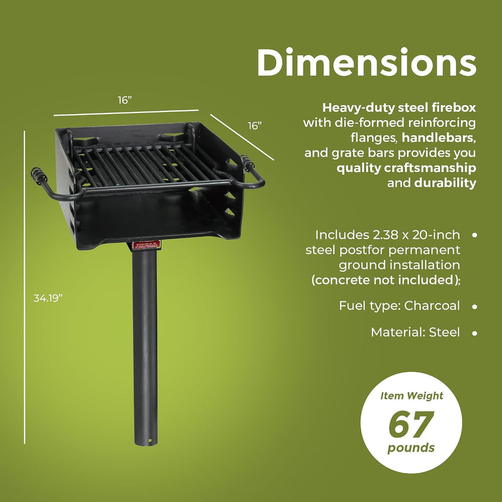 Pilot Rock Park Style Heavy Duty Steel Outdoor BBQ Charcoal Grill with Cooking Grate and 360 Degree Swivel Post for Camping or Backyard, Black