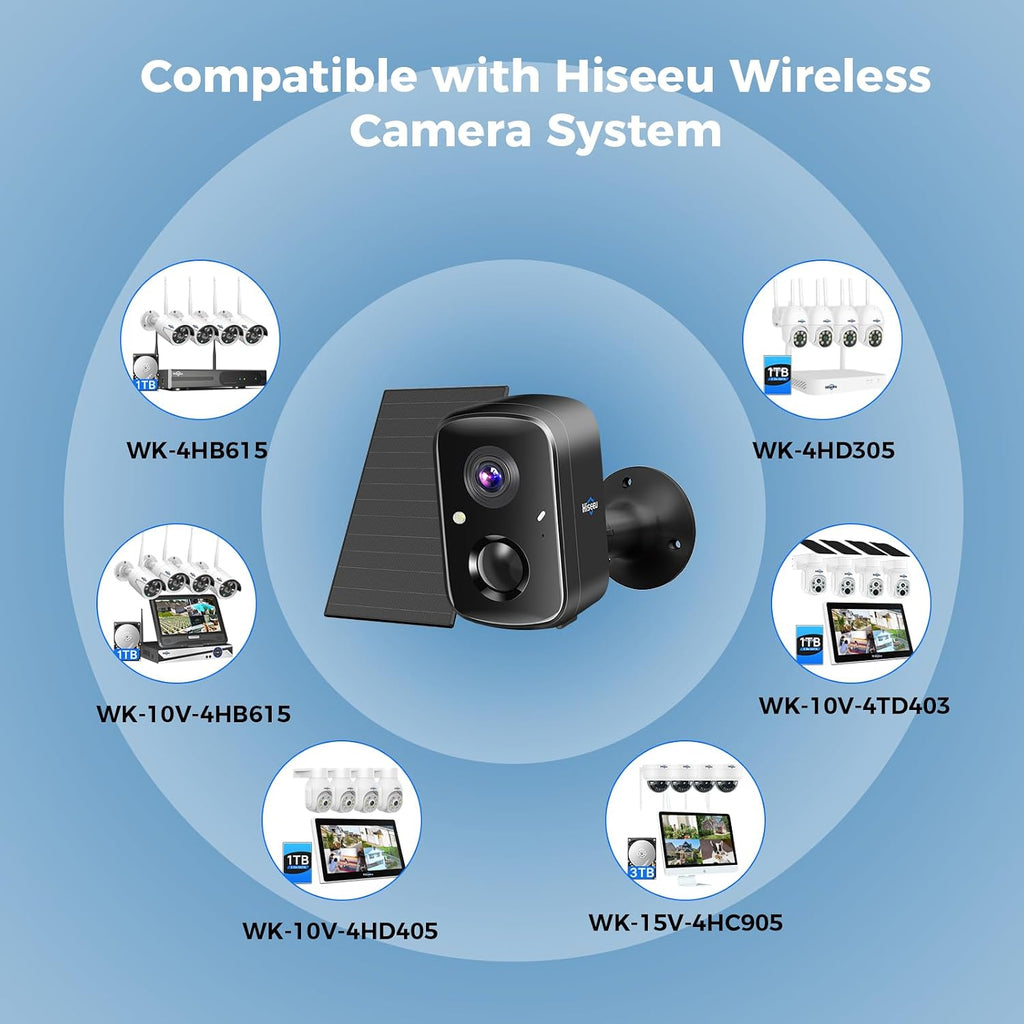 Hiseeu Security Cameras Wireless Outdoor, 4pcs Solar Powered 3K 4MP Surveillance WiFi Cameras for Home Security Outside, PIR/AI Motion Detection, Waterproof, Color Night Vision, 2-Way Audio, Black
