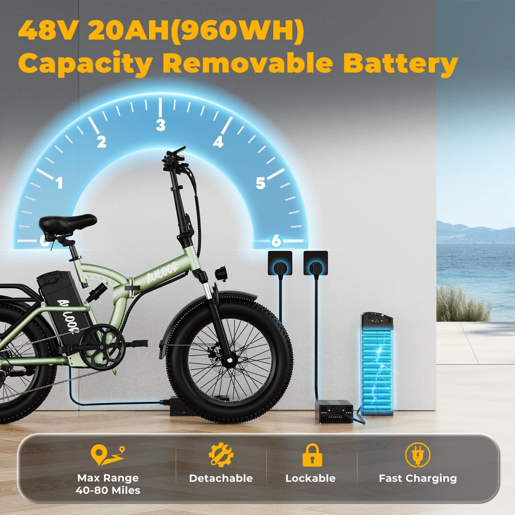 Foldable Electric Bike for Adults, 48V 20Ah Removable Lithium Battery up to 80Miles, 20' Fat Tire 1000W Peak Motor Dirt Ebike Adult Electric Bicycle for Commute Beach Mountain E Bike