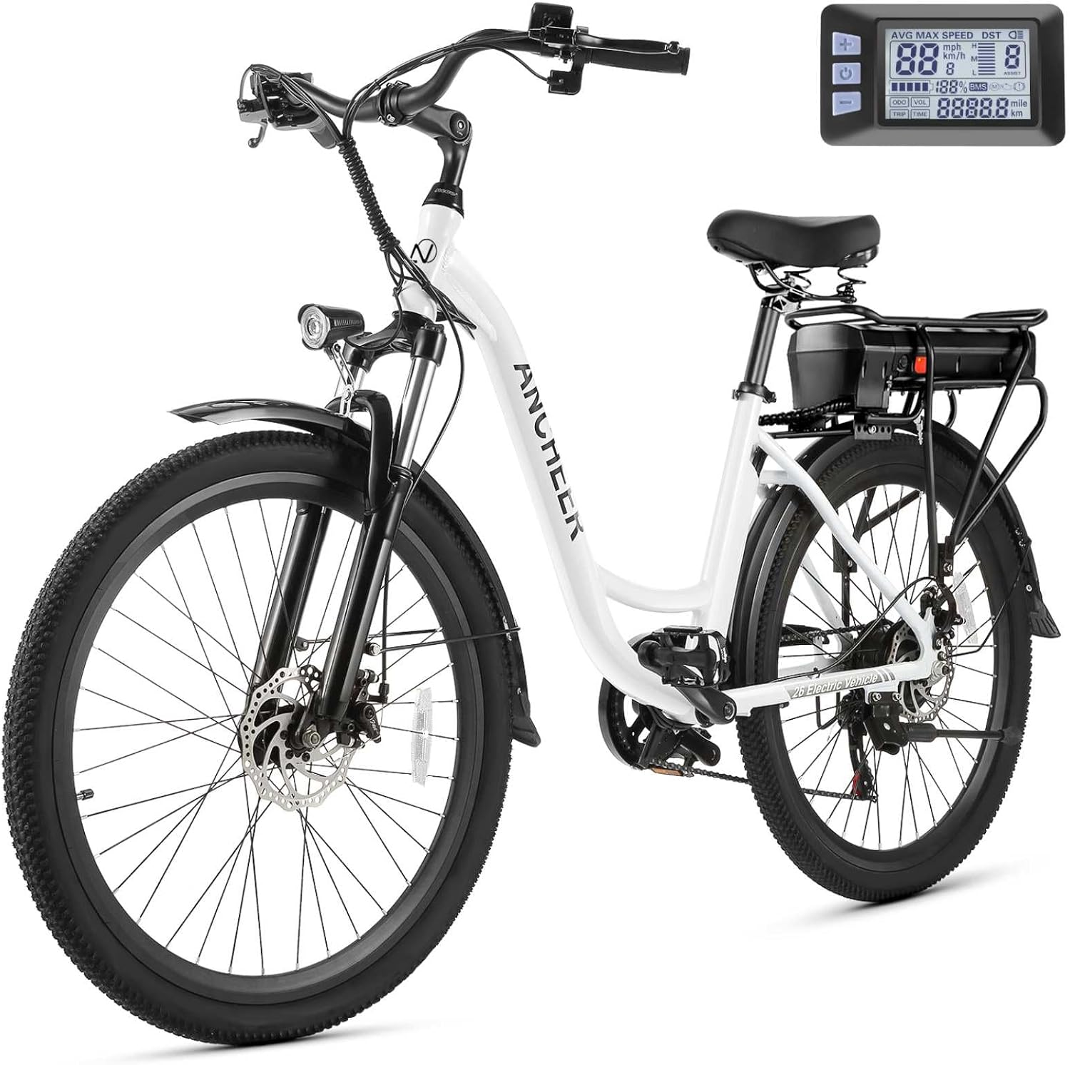 ANCHEER Electric Bike for Adults, 48V 499Wh Ebike, 26' City Commuter Bike with 48V Removable Battery, Up to 55 Miles, 3H Fast Charge, 7-Speed, Step-Thru Cruiser Bike for Women Men, UL2849 Compliant