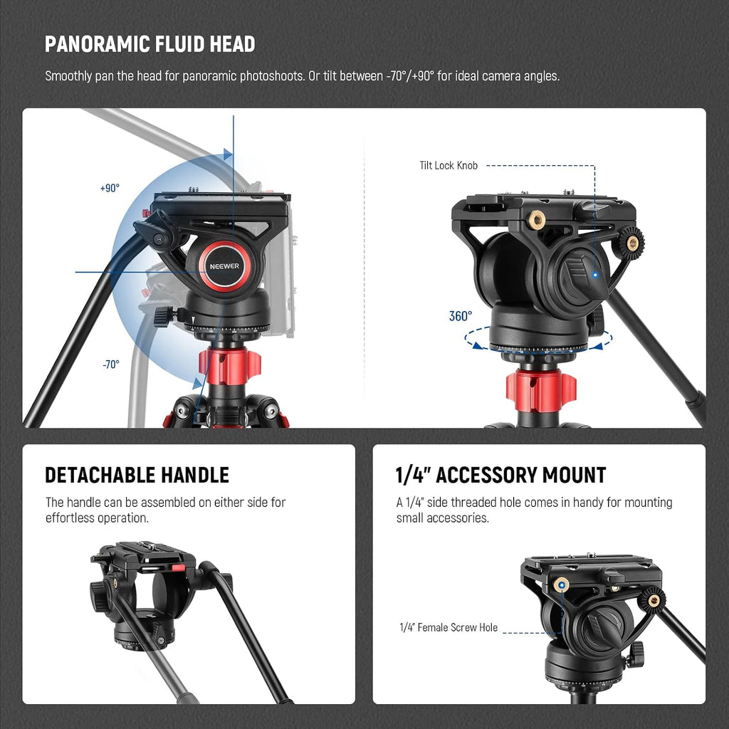 NEEWER 72' Fluid Head Video Tripod Monopod, Aluminum Alloy QR Plate Compatible with DJI RS Gimbal, 360° Pan & +90°/-70° Tilt for DSLR Camera Camcorder, Max Load 13.2lb/6kg, TP72A