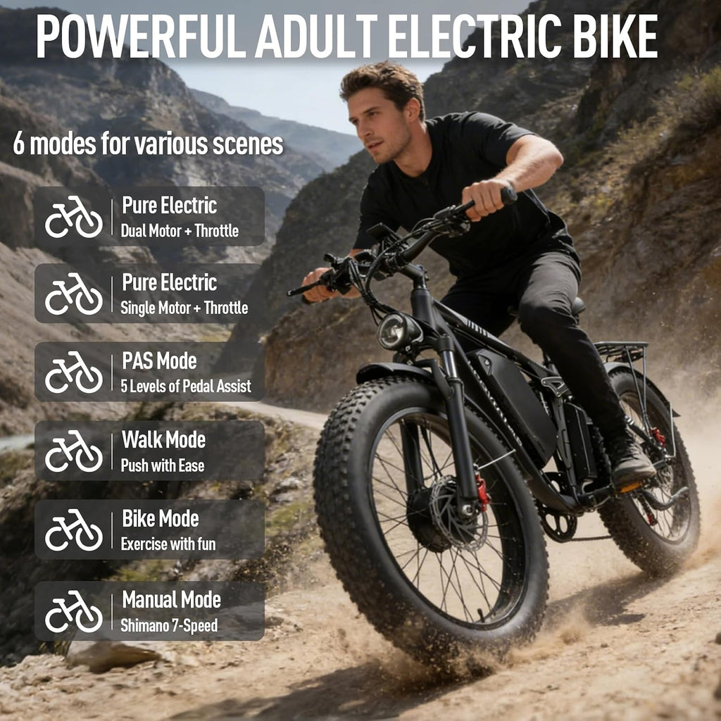 9000W-Peak-Dual-Motor-Ebike for Adults with 52V 34Ah 1768Wh Battery, 42-46MPH Full Suspension Electric Bike, 24'*4.0' Men Adult Fat Tire Mountain Snow Sand AWD Electric Bicycle Commuter