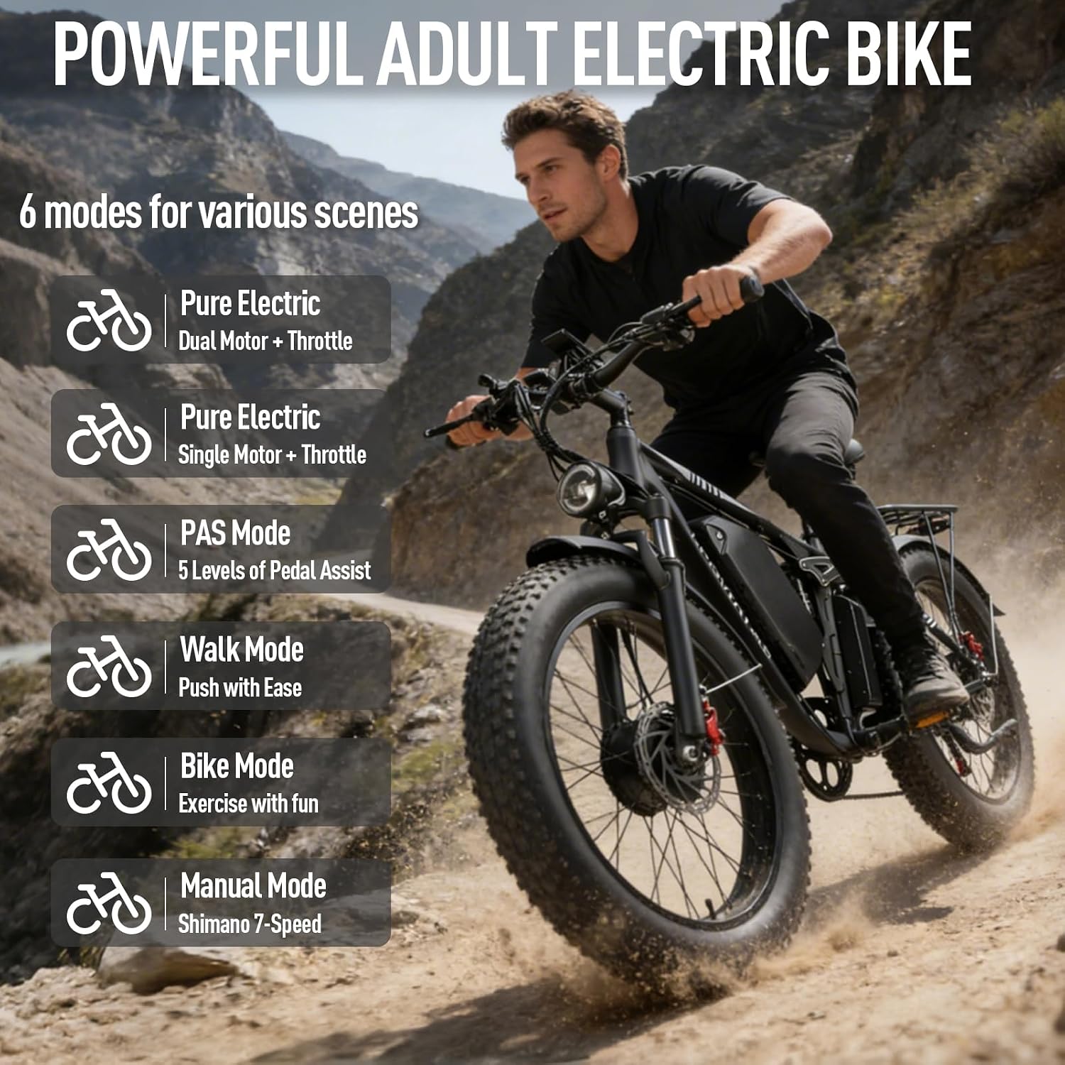 9000W-Peak-Dual-Motor-Ebike for Adults with 52V 34Ah 1768Wh Battery, 42-46MPH Full Suspension Electric Bike, 24'*4.0' Men Adult Fat Tire Mountain Snow Sand AWD Electric Bicycle Commuter