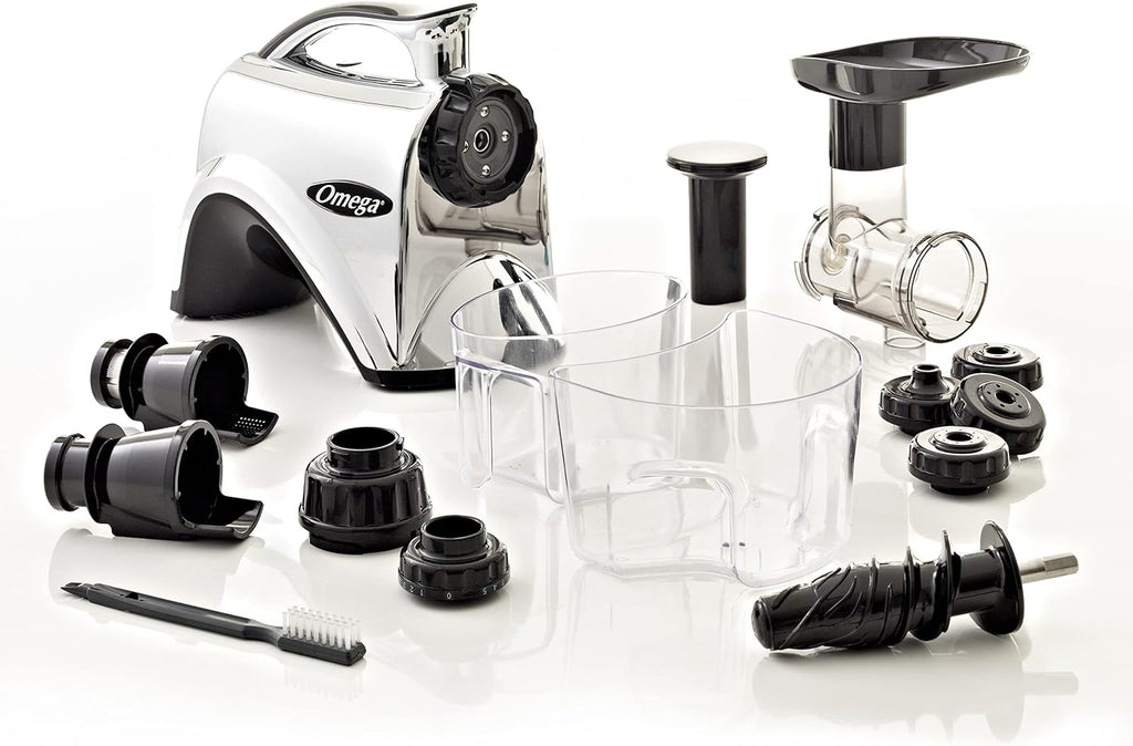 Omega Juicer Premium Vegetable and Fruit Juice Extractor and Nutrition System Makes Nut Milks Baby Food and Sorbets, Adjustable Pressure Settings 80-RPM Slow Masticating Juicer, 150-Watts, Silver