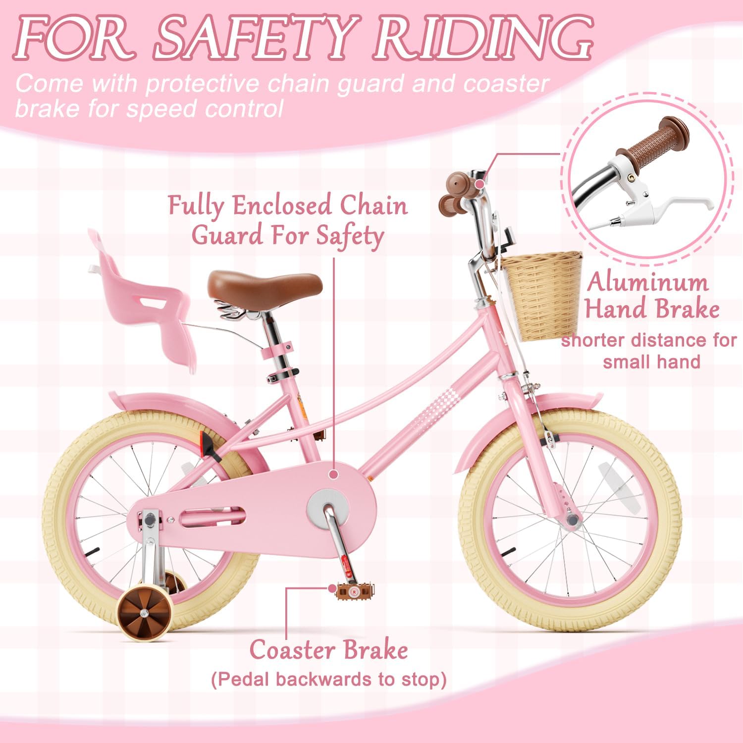 Glaf Toddler Girls Bike 12 14 16 20 Inch Girls Bike with Training Wheels Age 2-12 Years Old Bicycle Kids Bike with Basket and Doll Seat Adjustable Seat