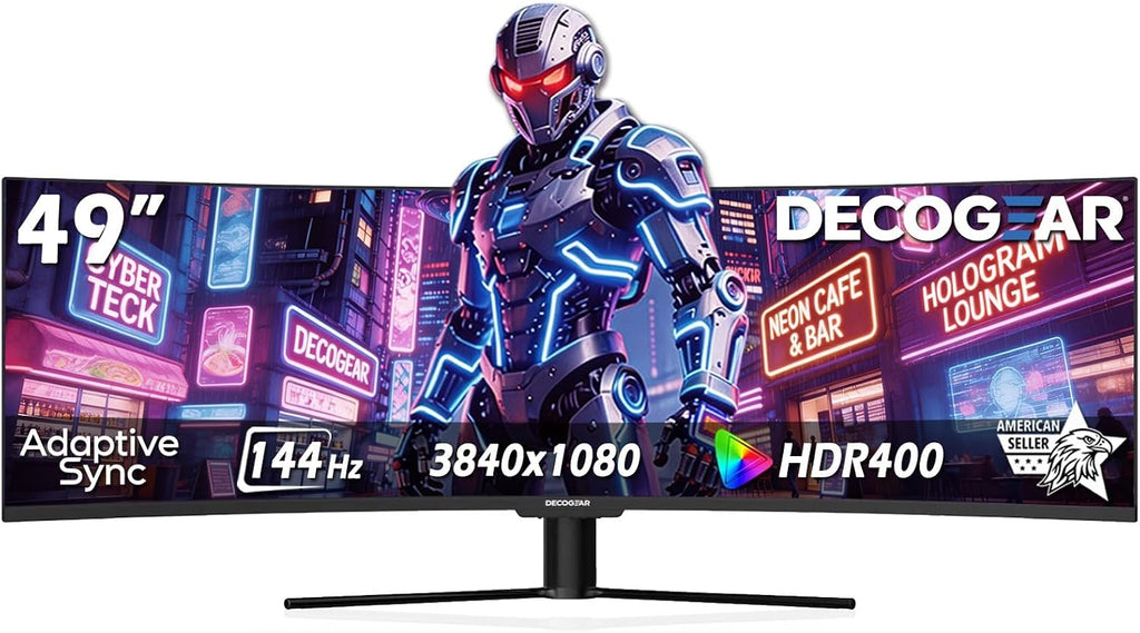 Deco Gear 49' Ultrawide Curved Monitor, 144Hz 32:9 Dual FHD 3840×1080, R1500, 3000:1 VA Super Wide Screen, Adaptive Sync, HDR400, USB-C 65W, 3ms, HDMI/DP, PBP/PIP KVM Work Gaming Display, Laptop & PC