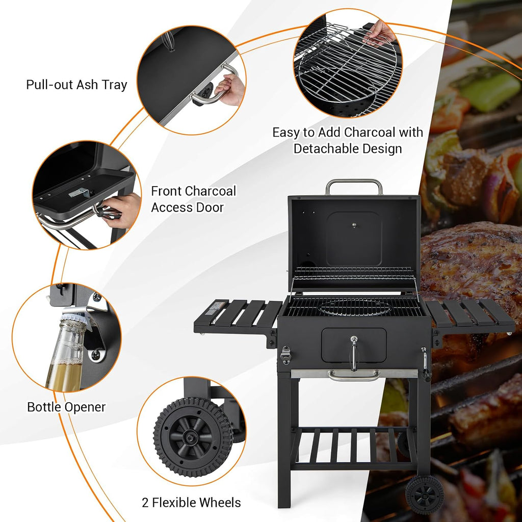 HAPPYGRILL Charcoal Grill, Heavy Duty Cooking Grill with 2 Foldable Side Tables, 8 Hooks, Storage Shelf, 2 Wheels, Flame Control, Outdoor BBQ Grill for Picnic Party Camping Backyard Patio
