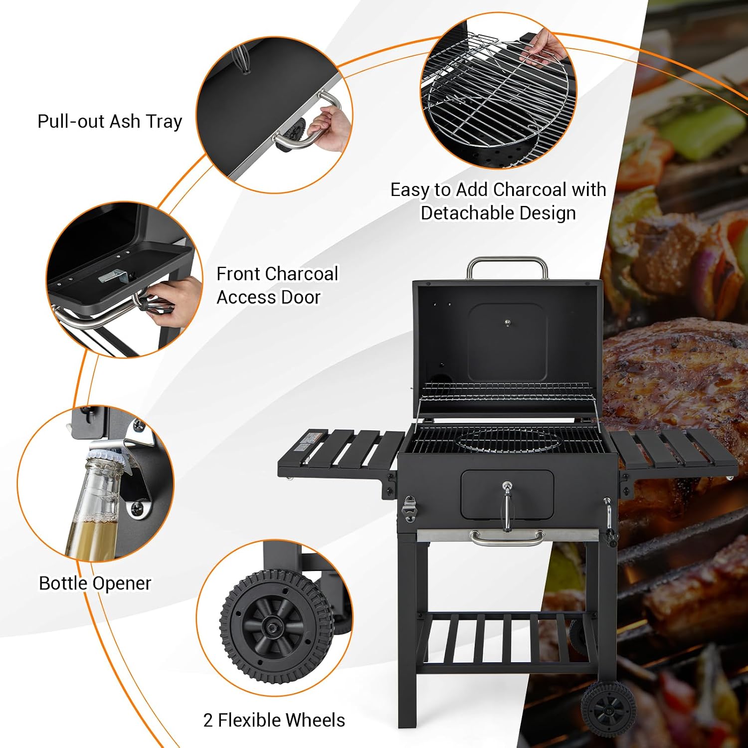 HAPPYGRILL Charcoal Grill, Heavy Duty Cooking Grill with 2 Foldable Side Tables, 8 Hooks, Storage Shelf, 2 Wheels, Flame Control, Outdoor BBQ Grill for Picnic Party Camping Backyard Patio