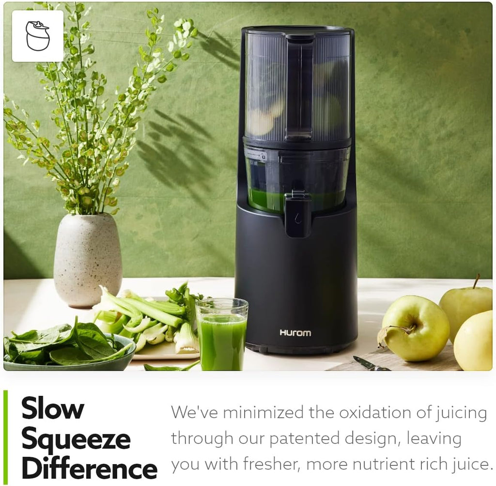 Hurom H-200 Electronic Slow Juicer Machine (Silver) - Self Feeding w Big Mouth Hopper to Fit Whole Fruits & Vegetables - Healthy Living - Easy Rinse Clean No Scrub BPA Free Easy Assembly